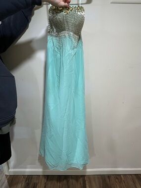 Bari Jay Mint Chiffon Maxi with Gold Sequin Strapless Bodice